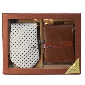 Traditional white multicolored woven tie and bi-fold leather wallet